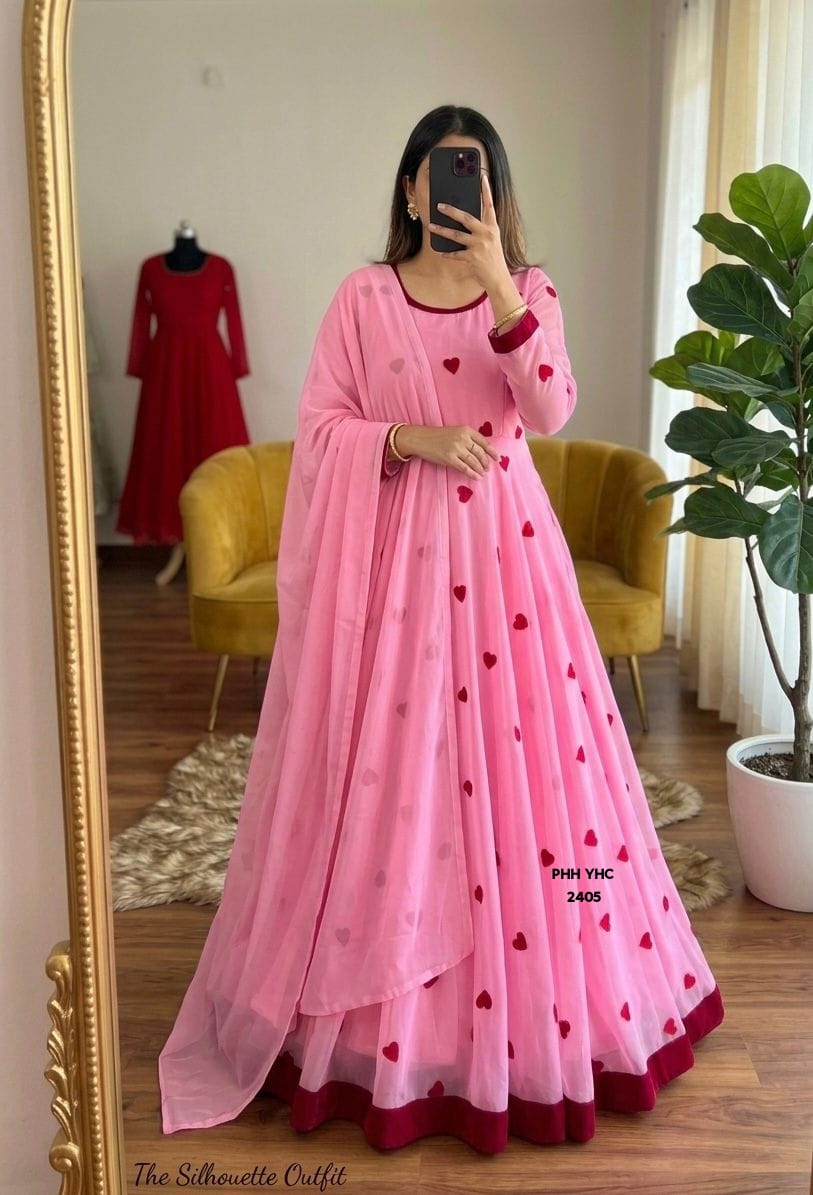 Heart Embroidered Anarkali Gown with Dupatta